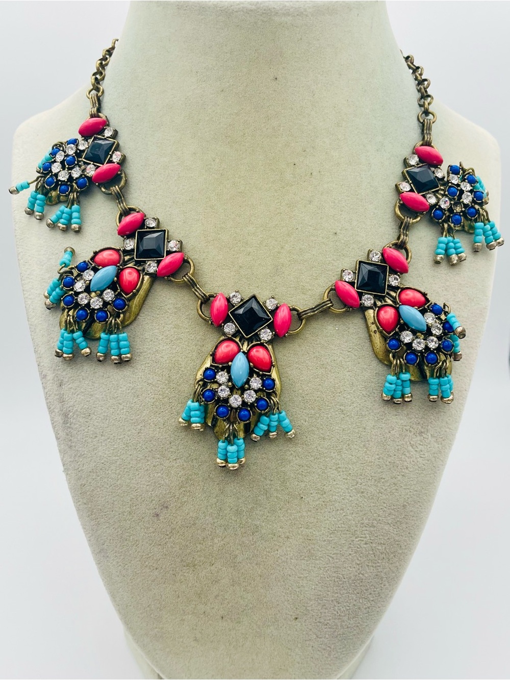 Multicolor Beaded Statement Necklace - Pink & Turquoise. 18 inches, 4 inch exten